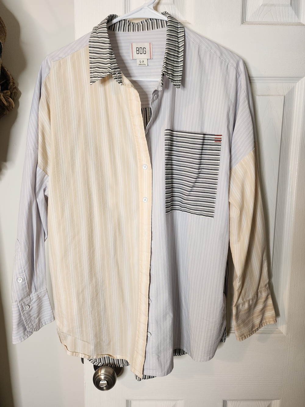 BDG Striped Button-Down Shirt in Beige & Light Blue